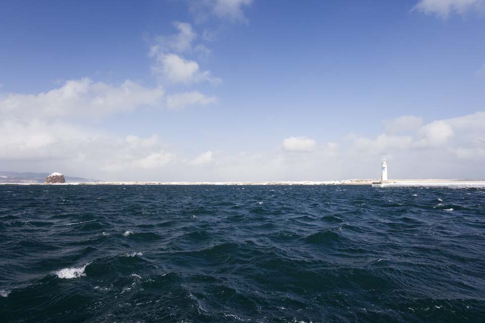 photo, la matière, libre, aménage, décrivez, photo de la réserve,Port Abashiri, phare, La mer d'Okhotsk, vague, ciel bleu