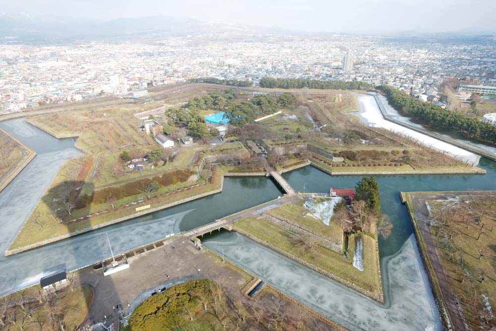 Foto, materiell, befreit, Landschaft, Bild, hat Foto auf Lager,Goryokaku Fort ganze Sicht, Wassergraben, Burg, Die späte Tokugawa-Periode, Die Geschichte