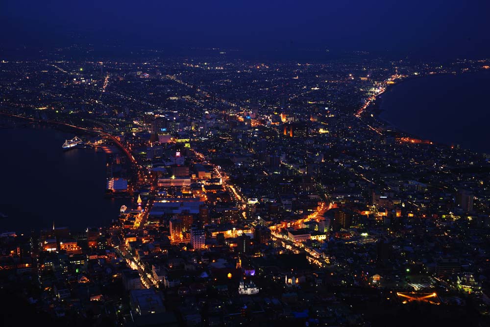 foto,tela,gratis,paisaje,fotografía,idea,Una vista de noche de monte. Hakodate - yama, Illuminations, Un observatorio, Luz de pueblo, Pueblo de puerto