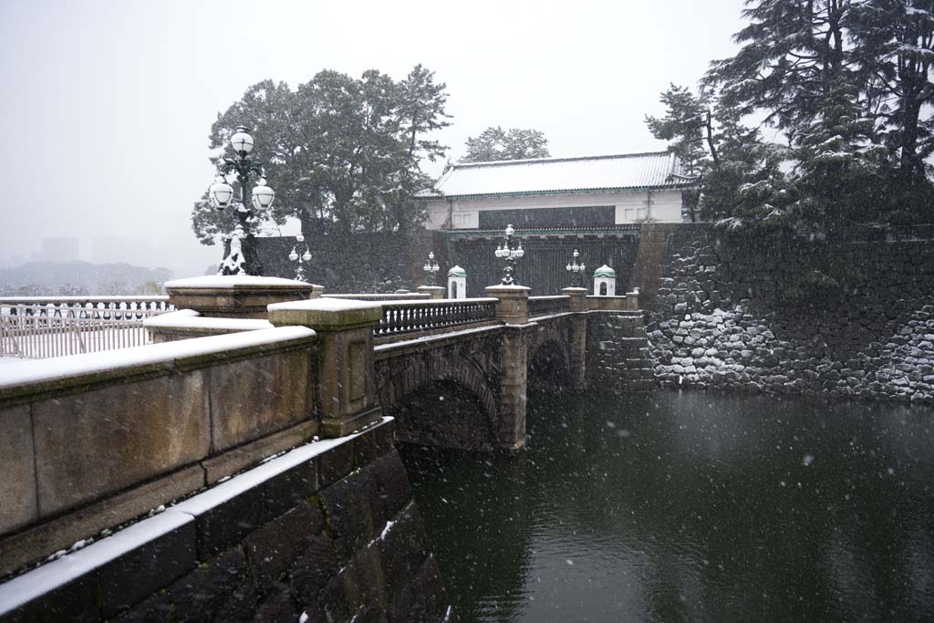 写真,素材,無料,フリー,フォト,クリエイティブ・コモンズ,風景,壁紙,雪の二重橋, お堀, 宮殿, 皇宮警察, 降雪