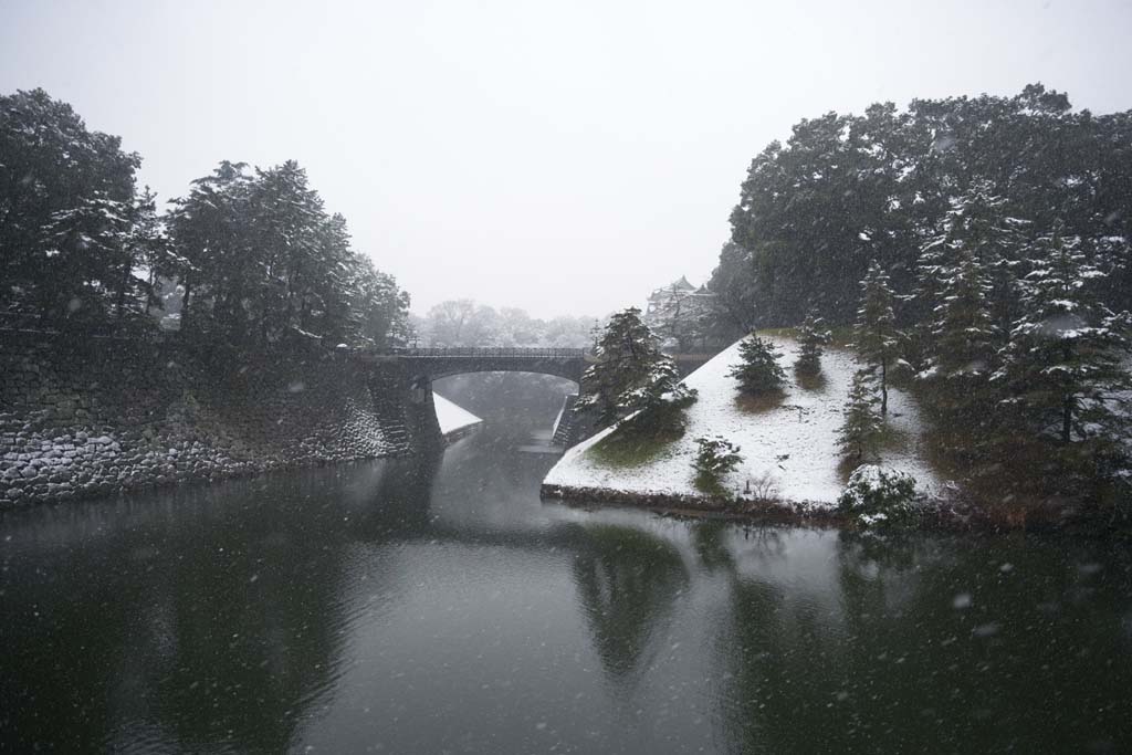 写真,素材,無料,フリー,フォト,クリエイティブ・コモンズ,風景,壁紙,雪の西丸下乗橋, お堀, 宮殿, 皇宮警察, 降雪