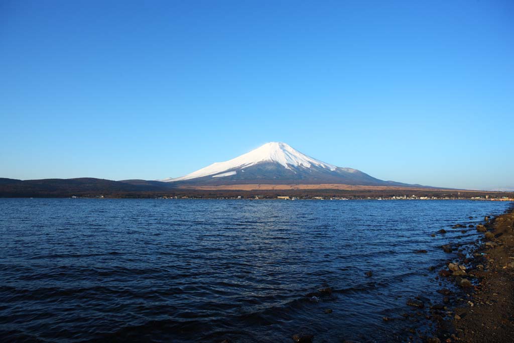 Foto, materiell, befreit, Landschaft, Bild, hat Foto auf Lager,Mt. Fuji, Fujiyama, Die schneebedeckten Berge, Oberfläche eines Sees, blauer Himmel