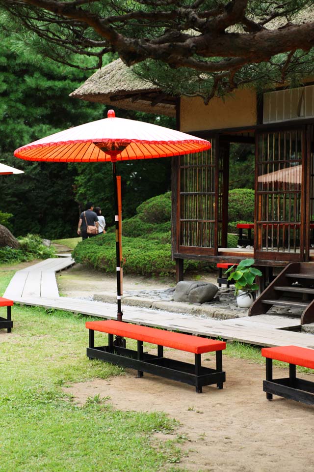 Foto, materiell, befreit, Landschaft, Bild, hat Foto auf Lager,Oyaku-en Garden, der Hüttenpalast lehnt, zählen Sie Schirm zusammen, Japanisch-Stilgebäude, Tee-Zeremonienzimmer, Ruhenstation