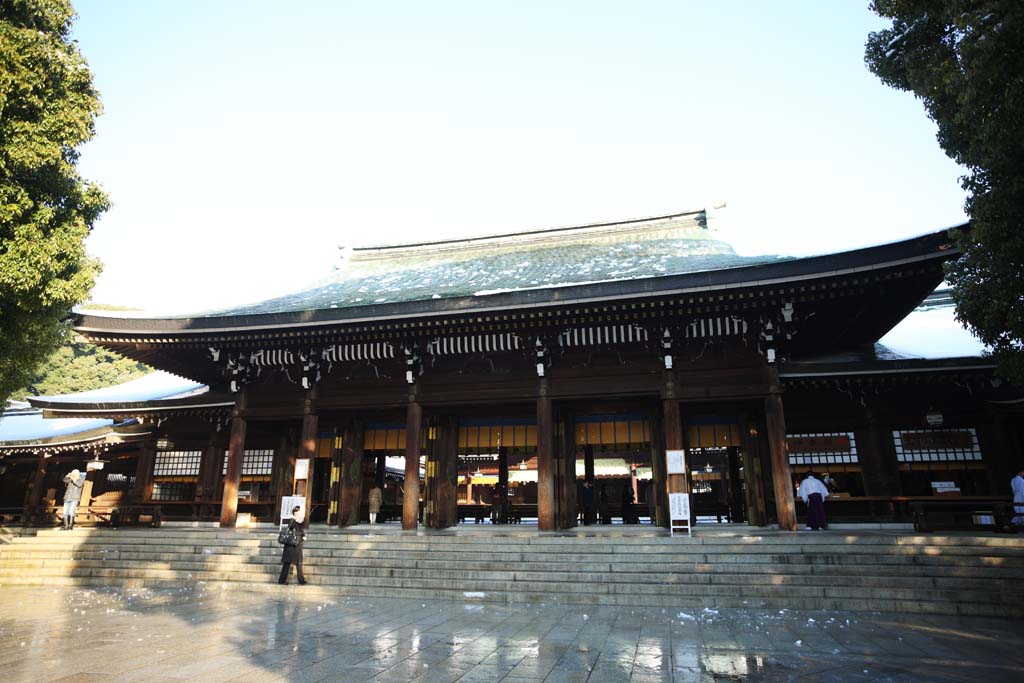 photo, la matière, libre, aménage, décrivez, photo de la réserve,Temple Meiji temple de devant, L'empereur, Temple shintoïste, torii, Neige