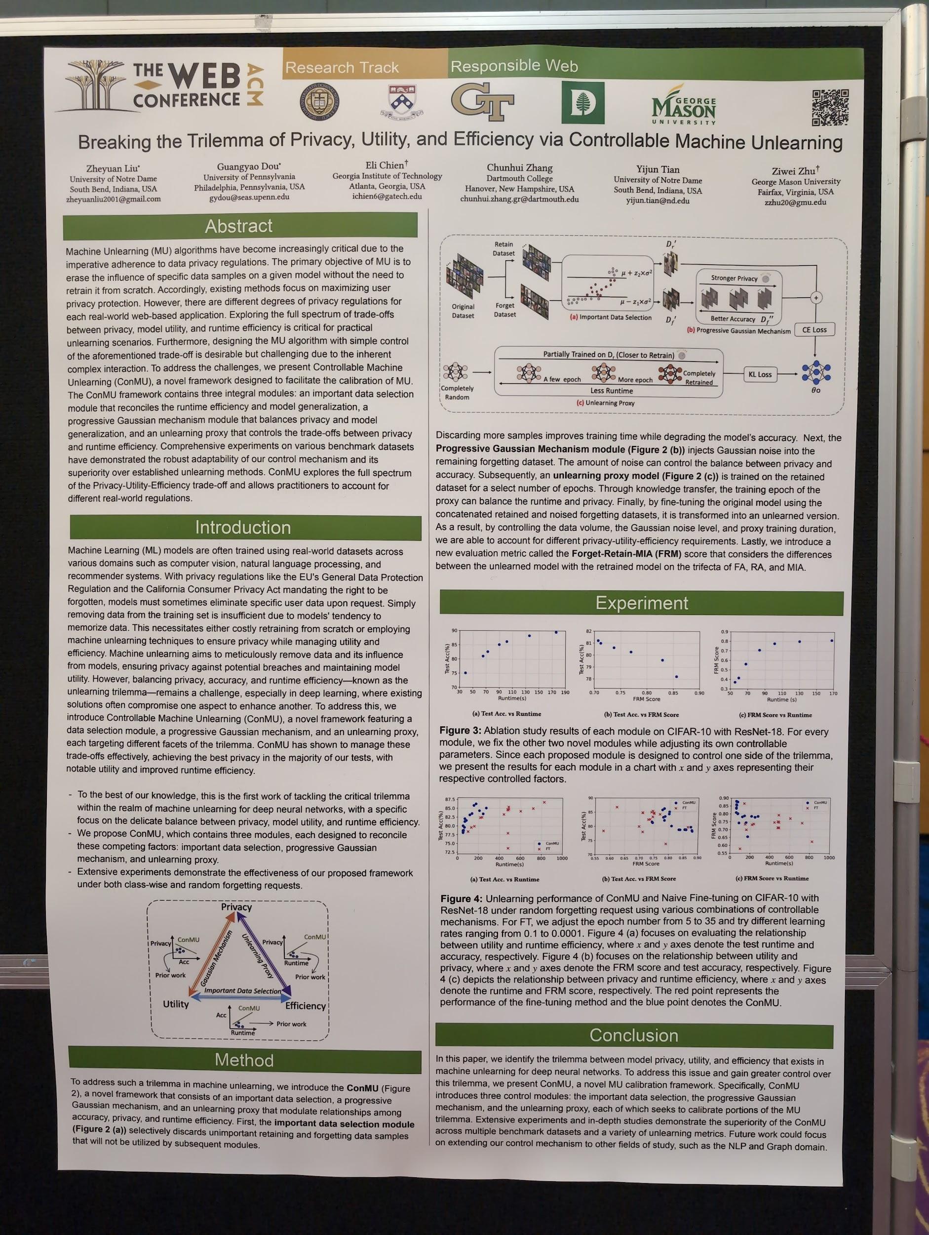 Poster for the 'Breaking the Trilemma of Privacy, Utility, Efficiency via Controllable Machine Unlearning' paper.