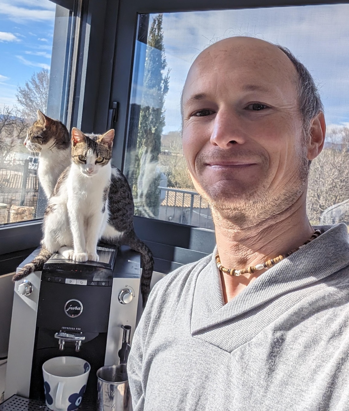 Thomas Steiner with two cats sat on a coffee machine in the background.