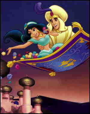 Jasmine and Aladdin, aboard a Genie-supplied carpet.