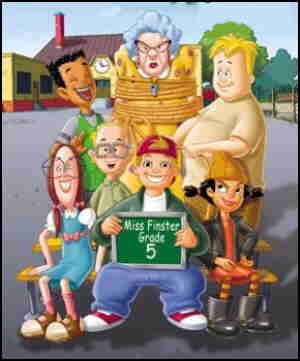 Tallest: Miss Finster. Standing, l-r: Vince, Mikey. Seated, l-r: Gretchen, Gus, T.J., Spinelli.