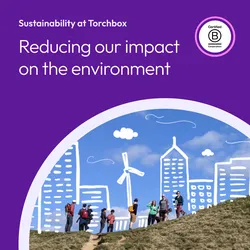 Graphic with the wording 'Sustainability at Torchbox - Reducing our impact on the environment.' It features a vibrant purple background with a central circular image of Torchbox team hiking on a grassy hill.