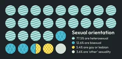 Infographic showing sexual orientation distribution among co-owners: 77.5% are heterosexual, 12.6% are bisexual, 5.4% are gay or lesbian, and 3.6% are of 'other' sexuality, represented by circles of different colors.