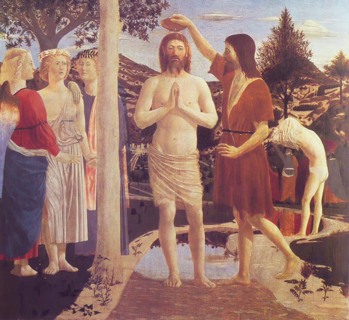 Piero della Francesca, The Baptism of Christ, detail (c. 1448-1450) - Tempera on panel, 168 x 116 cm, National Gallery, London
