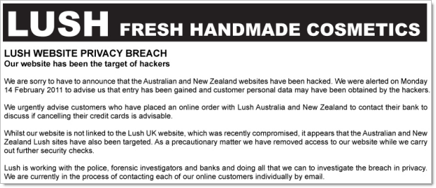 Lush Australia hacked notice