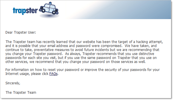 Trapster website breach notice