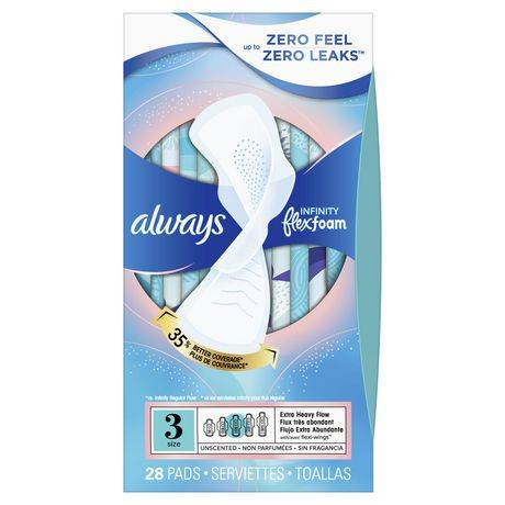 Always serviettes always infinity pour flux très abondant avec ailes, taille3 (non parfumées, 28serviettes) - infinity size 3 extra heavy flow pads with wings (28 pieces)