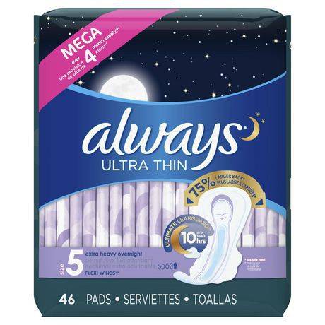 Always serviettes ultra thin de nuit au flux très abondant avec ailes, de taille 5 et non parfumées (46 unités) - ultra thin extra heavy overnight pads size 5 (46 units)