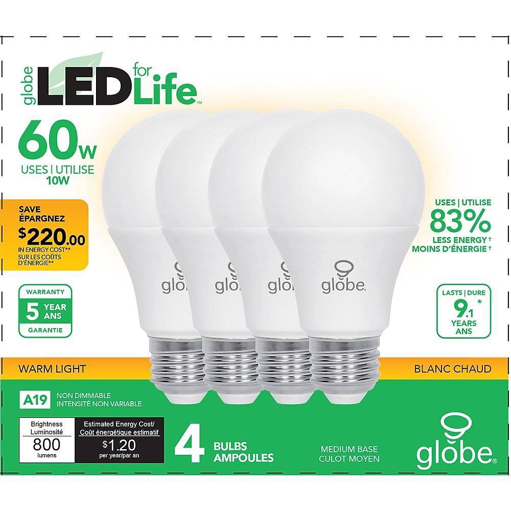 Globe electric globe ampoule del 60w a19 (4 unités, blanc chaud) - 10w a19 led soft white light bulb, 60w eq  (4/pack)