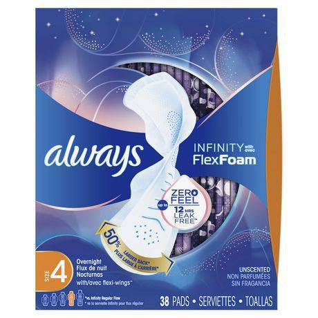 Always serviettes hygiéniques de nuit avec ailes non parfumées taille 4 (38 unités) - infinity size 4 overnight sanitary pads with wings unscented (38 pieces)