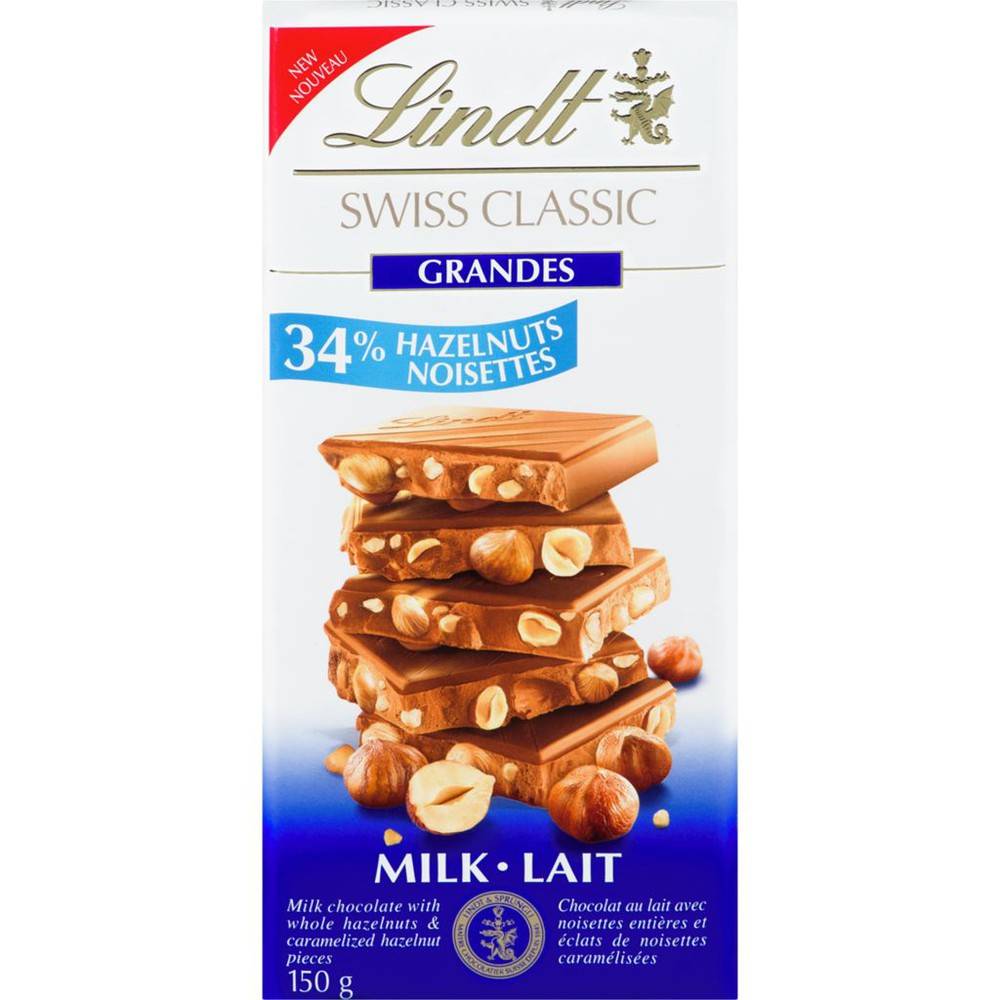 Lindt chocolat au lait aux noisettes, swiss classic (150 g) - les grand hazelnut milk chocolate (150 g)