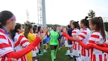 USA and Paraguay shake hands after the final of the Under-16 girls' UEFA Friendship Tournament