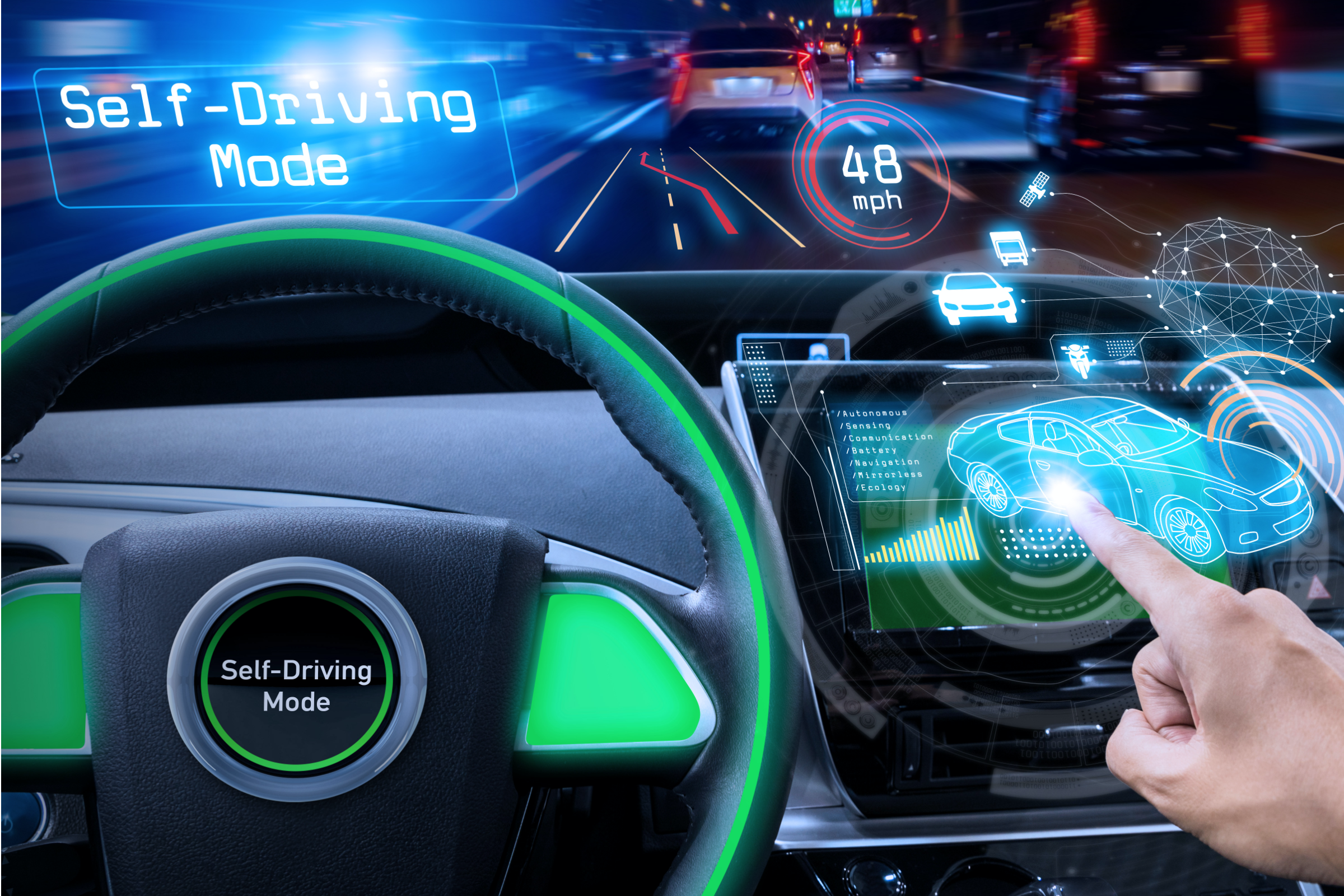 Empty cockpit of vehicle HUD (Heads Up Display) and digital instruments panel.