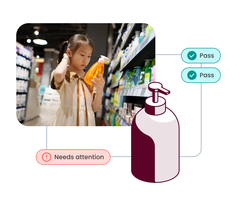 A child reading the back of a bottle of soap in a store