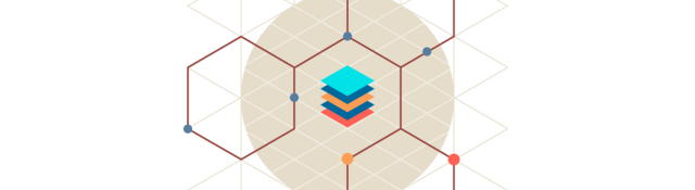 Illustration of a stack of colored squares surrounded by a chemical structure