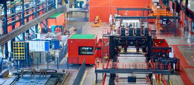 An aerial view of the inside of a factory.