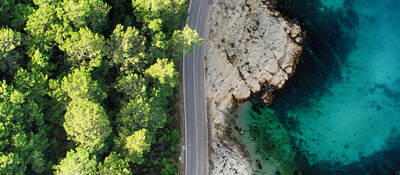 Aerial view of empty road winding between sandy shore and green forest