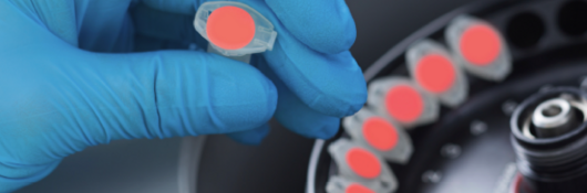 Closeup of hand in blue rubber glove holding a vial