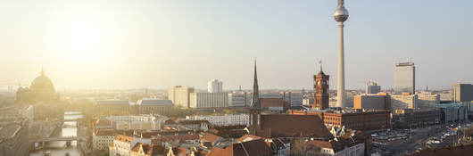 Panorama of Berlin with the Spree River to the left and the Berlin tv tower to the right.  