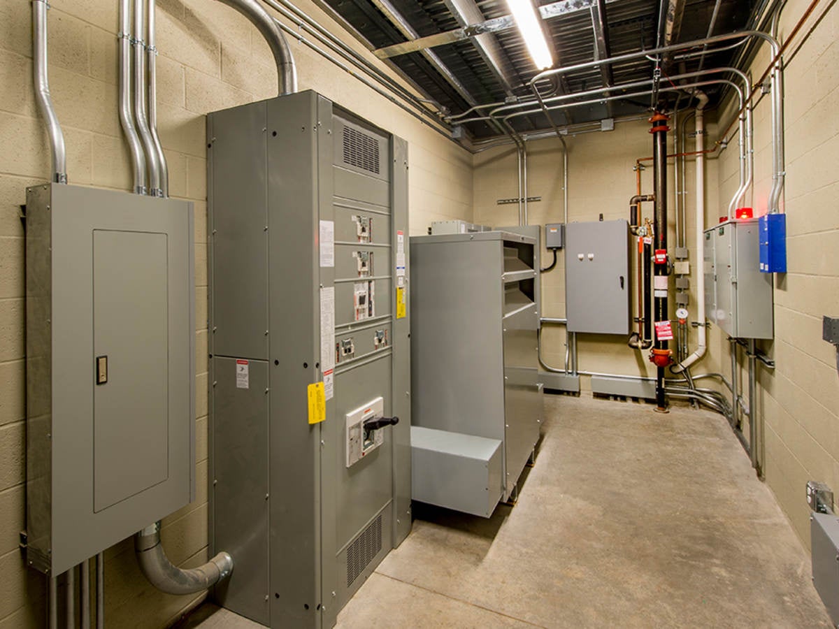 An electricalroom with circuit breakers.