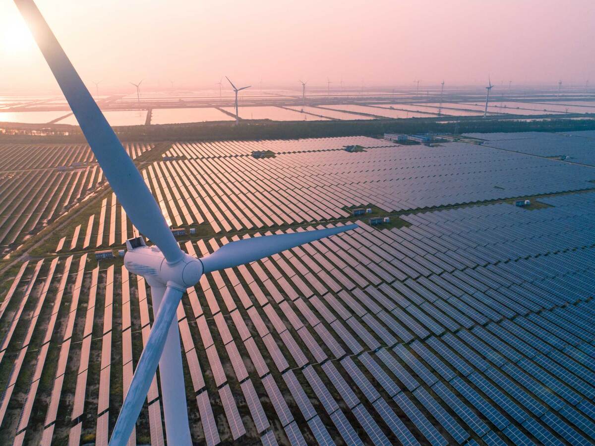 Wind turbines over a solar panel field