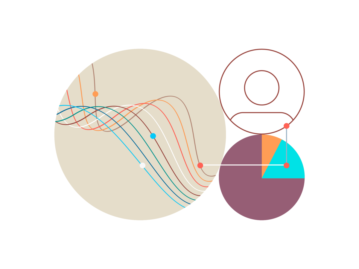 Illustration of a person correlating with metrics on graphs