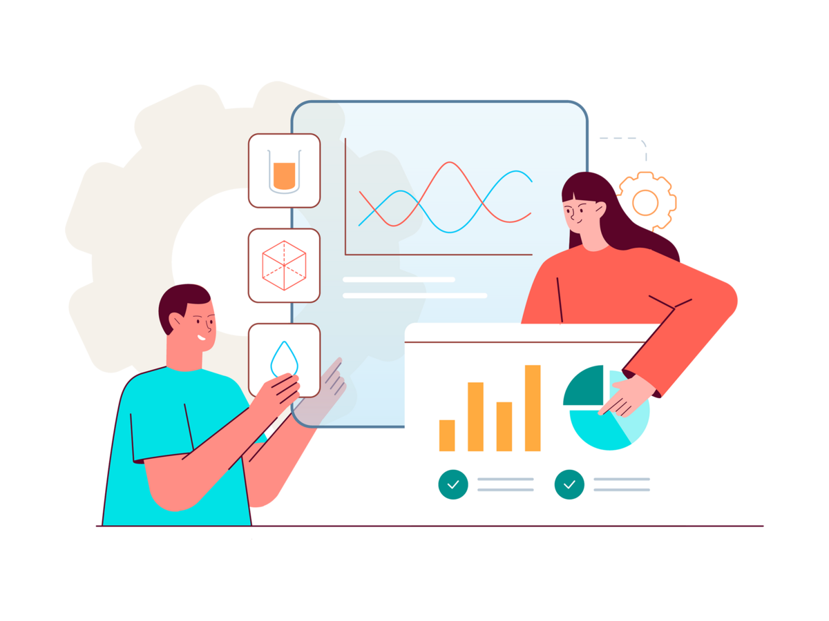 Illustration of two people looking at several graphs