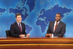 SATURDAY NIGHT LIVE -- Episode 1864 -- Pictured: (l-r) Anchor Colin Jost and anchor Michael Che during Weekend Update on Saturday, May 18, 2024 -- (Photo by: Will Heath/NBC via Getty Images)