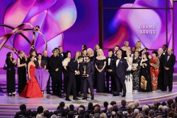 LOS ANGELES, CALIFORNIA - SEPTEMBER 15: Cast and crew of “Shōgun” accept the Outstanding Drama Series award onstage during the 76th Primetime Emmy Awards at Peacock Theater on September 15, 2024 in Los Angeles, California.  (Photo by Kevin Winter/Getty Images)