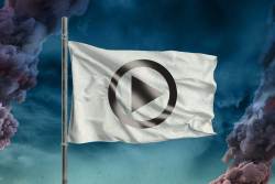 Tattered white flag flying with a streaming symbol