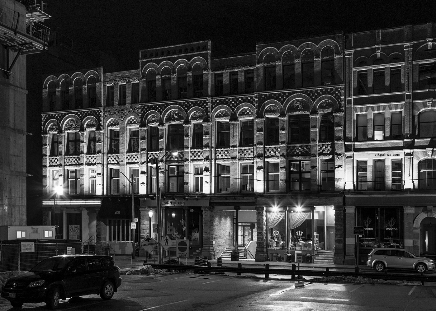 Completed in 1889, this five-unit building housed Milburn Co., a wholesaler of patent medicines and tenants who sold beer supplies, wine and liquor (from Toronto Architecture: A City Guide, 2nd edition).