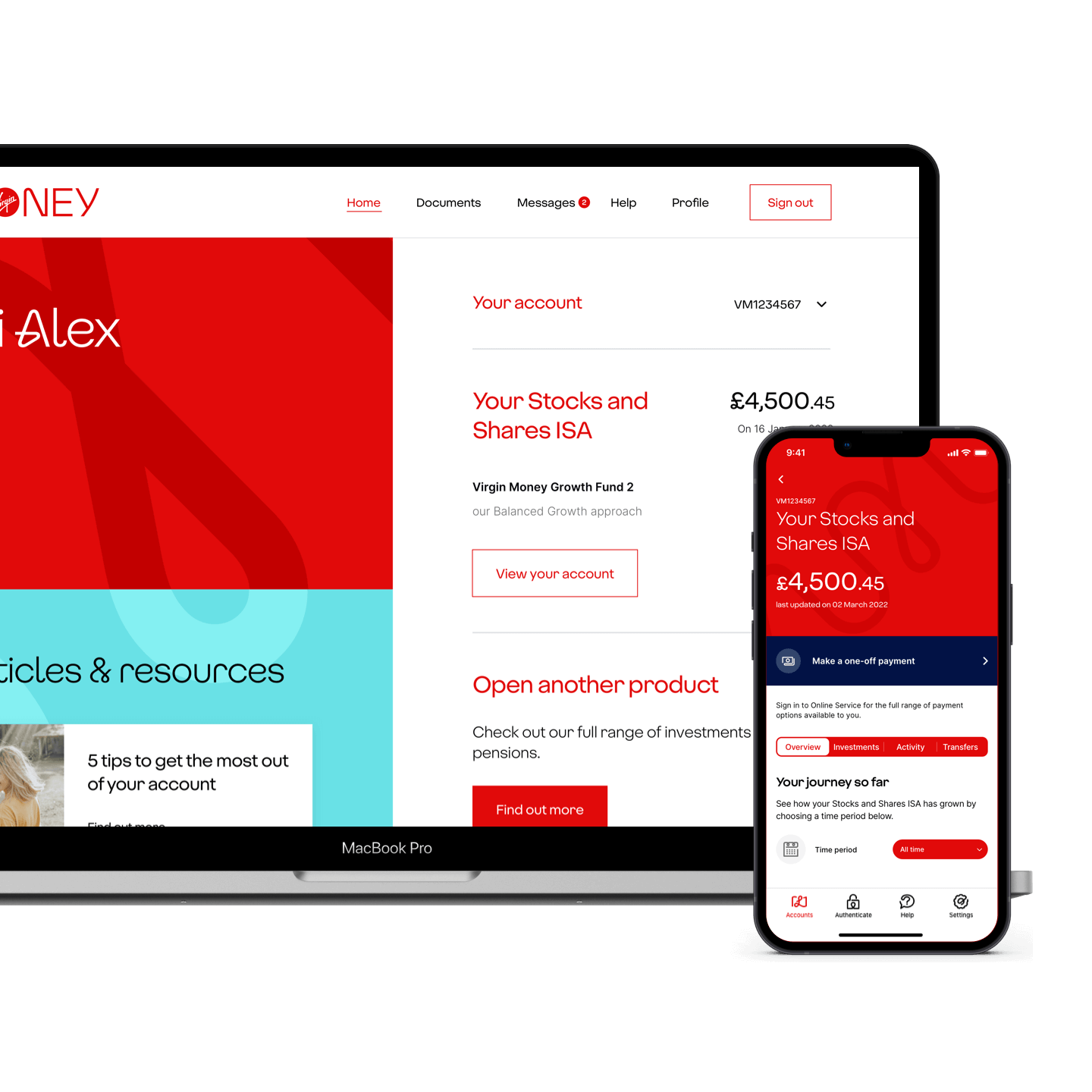 A macbook pro and smart phone displaying Virgin Money Stocks and Shares ISA on their respective screens