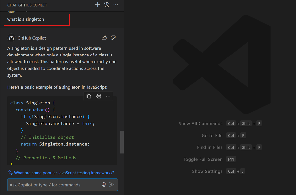 Copilot Chat answering what a singleton is