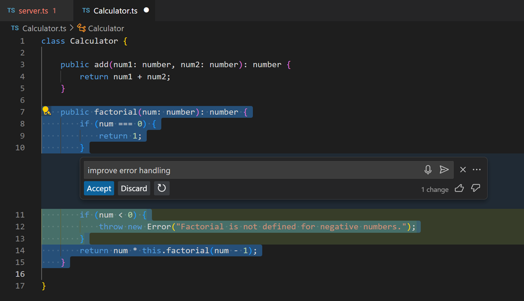 Copilot inline chat suggesting improvements to error handling