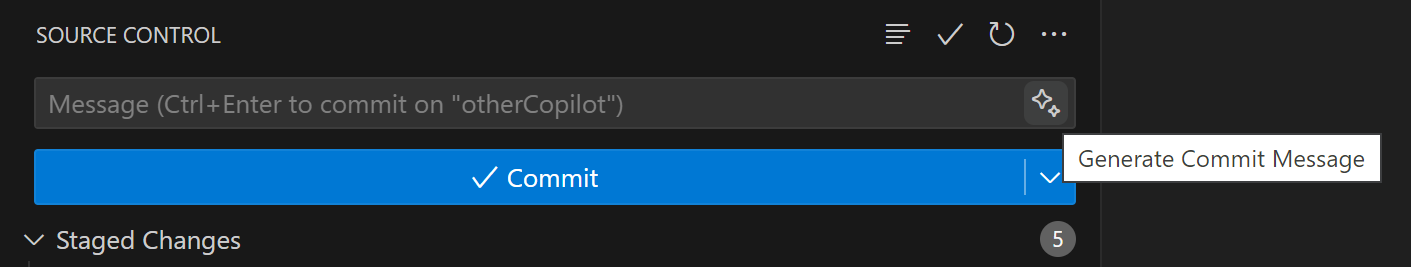 Hover over Source Control input box sparkle buttons shows Generate Commit Message