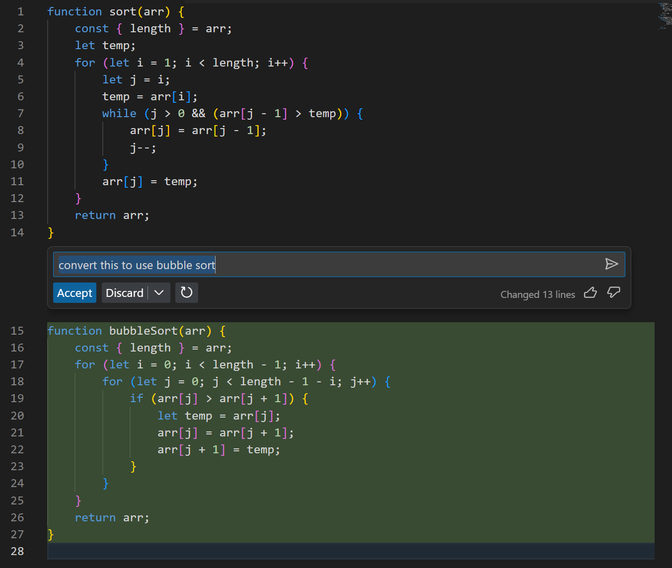 Inline chat refactoring to use different sorting algorithm