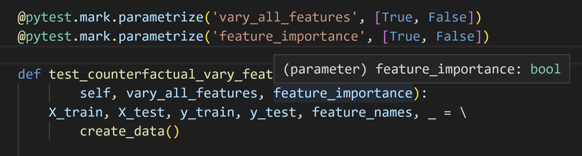 Pylance type inference based on the types of arguments passed to the parameterization decorator.