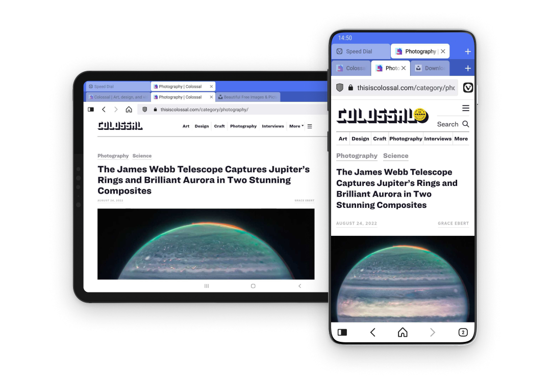 Vivaldi browser in action on a tablet and a phone