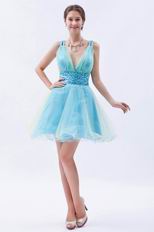 Deep V-Neck Light Blue Custom Sweet Sixteen Dresses