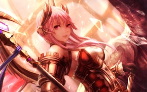 anime girls, pink hair, anime, original characters, staff, armor