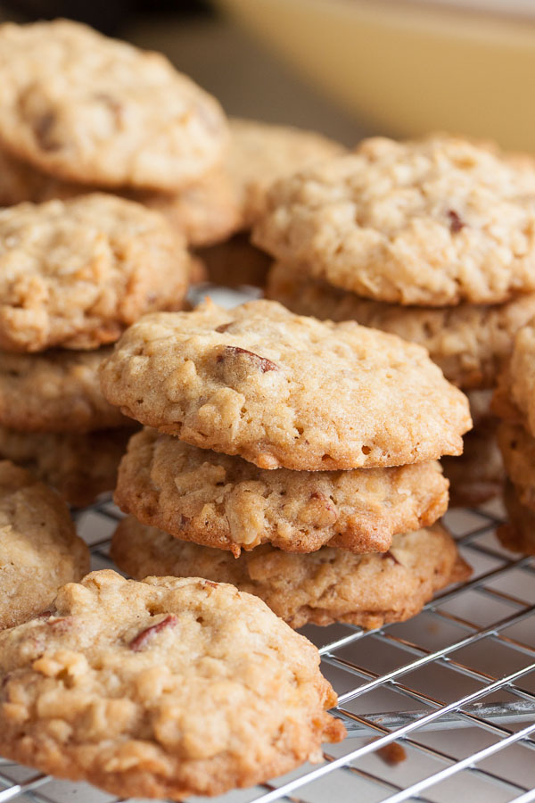 Crunchy Chewy Coconut Oatmeal Cookies – delicious oatmeal and coconut, plus the addition of buttery toasted pecans and rice cereal add a perfect crunchy texture.