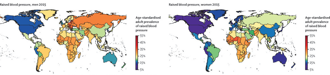 Age-standardized prevalence of raised blood pressure by sex and country in 2015 in people aged 18 years and older 