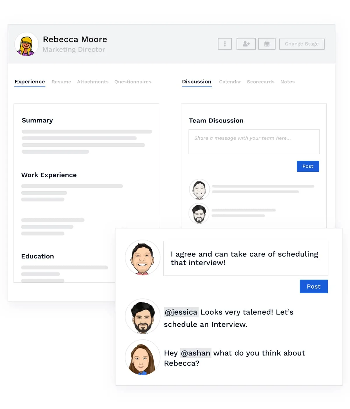 Visual of Breezy HR Candidate Profile show a resume and team conversations